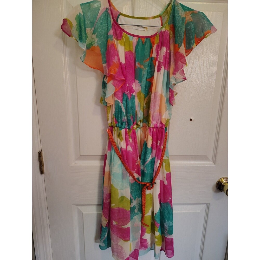 Calvin Klein Women's M Multicolor Abstract Chiffon Round Neck Ruffle Knee Dress